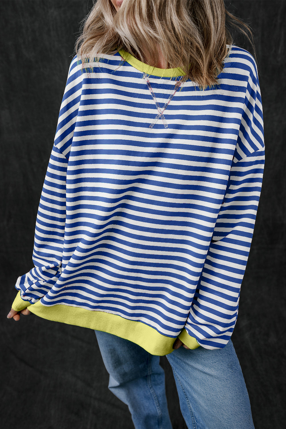 Sky Blue Stripe Oversized Contrast Trim Pullover Sweatshirt-Tops/Sweatshirts & Hoodies-[Adult]-[Female]-Blue Stripe-S-2022 Online Blue Zone Planet