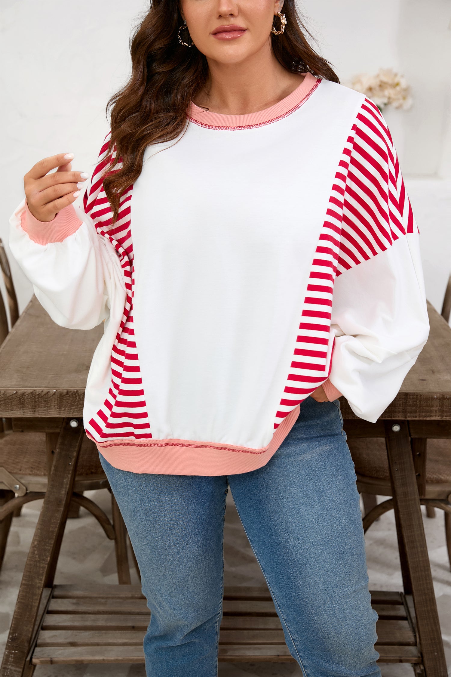Red Stripe Color Block Patchwork Seam Detail Plus Size Sweatshirt-Plus Size/Plus Size Sweatshirts & Hoodies-[Adult]-[Female]-2022 Online Blue Zone Planet