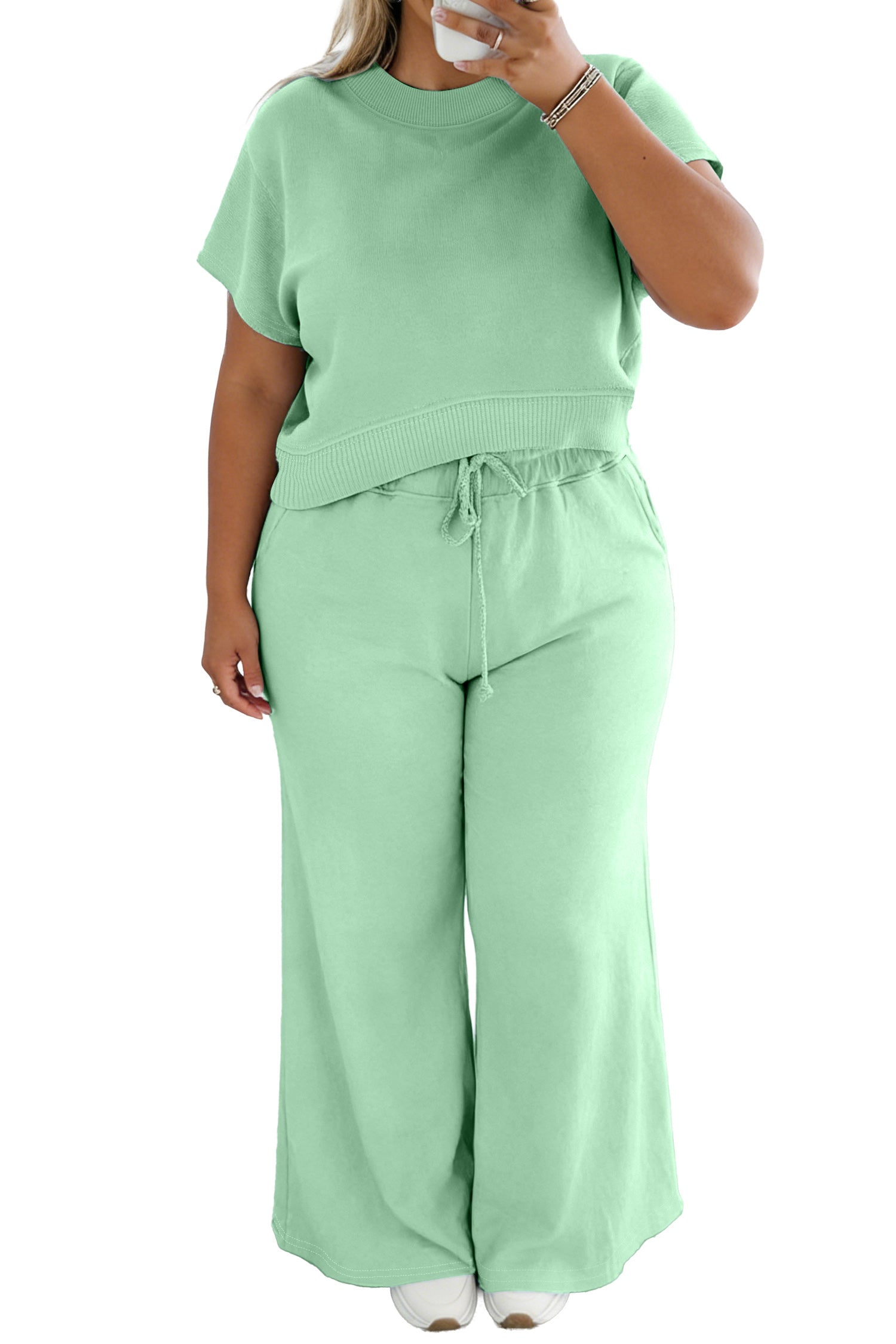 Clearly Aqua Solid Color Ribbed Trim Short Sleeve Top Drawstring Loose Pants 2pcs Outfit-Plus Size/Plus Size Loungewear-[Adult]-[Female]-2022 Online Blue Zone Planet