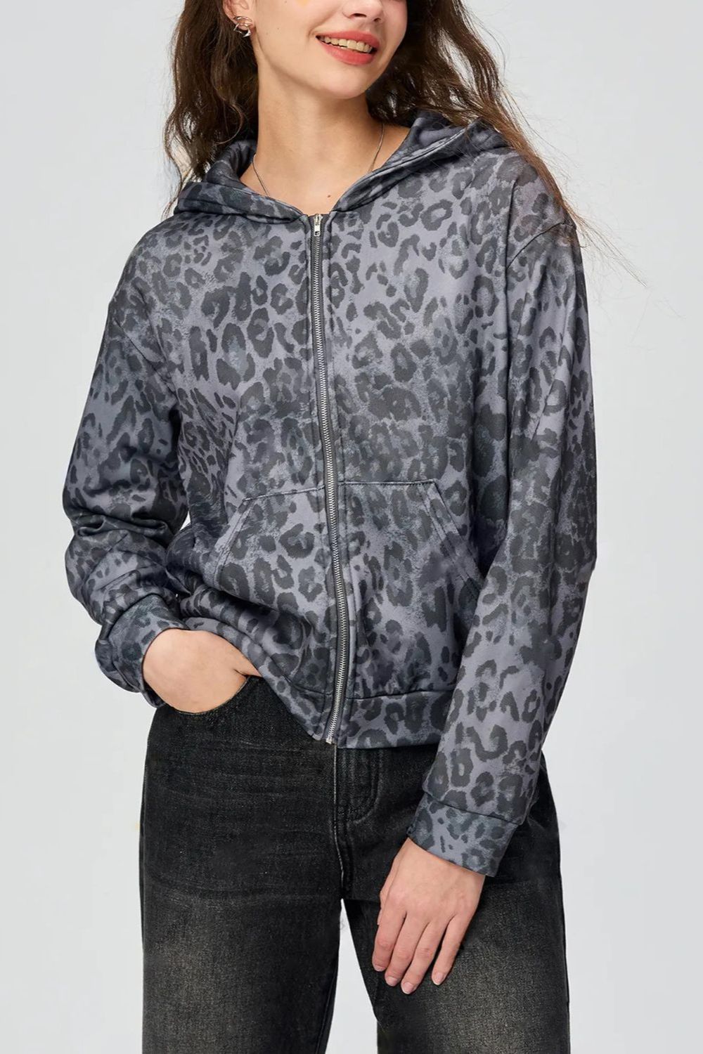 Blue Zone Planet | Pocketed Leopard Zip Up Hooded Jacket-TOPS / DRESSES-[Adult]-[Female]-Dark Gray-S-2022 Online Blue Zone Planet