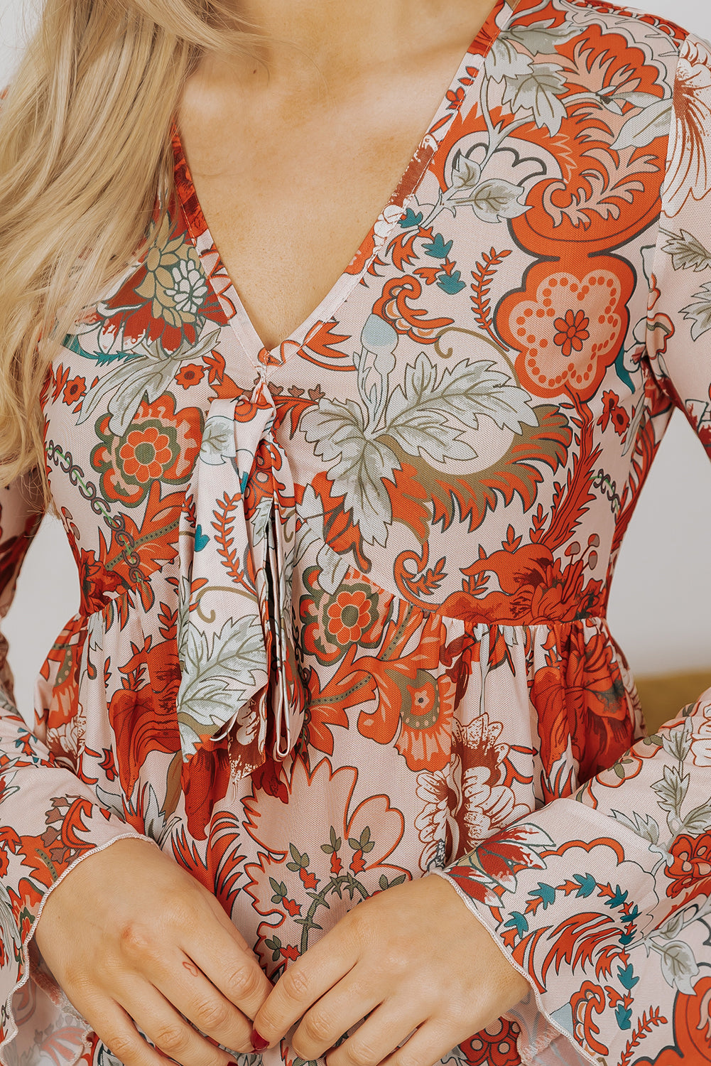 Blue Zone Planet | Orange Floral Print Deep V Neck Knot Bell Sleeve Blouse-Tops/Blouses & Shirts-[Adult]-[Female]-2022 Online Blue Zone Planet