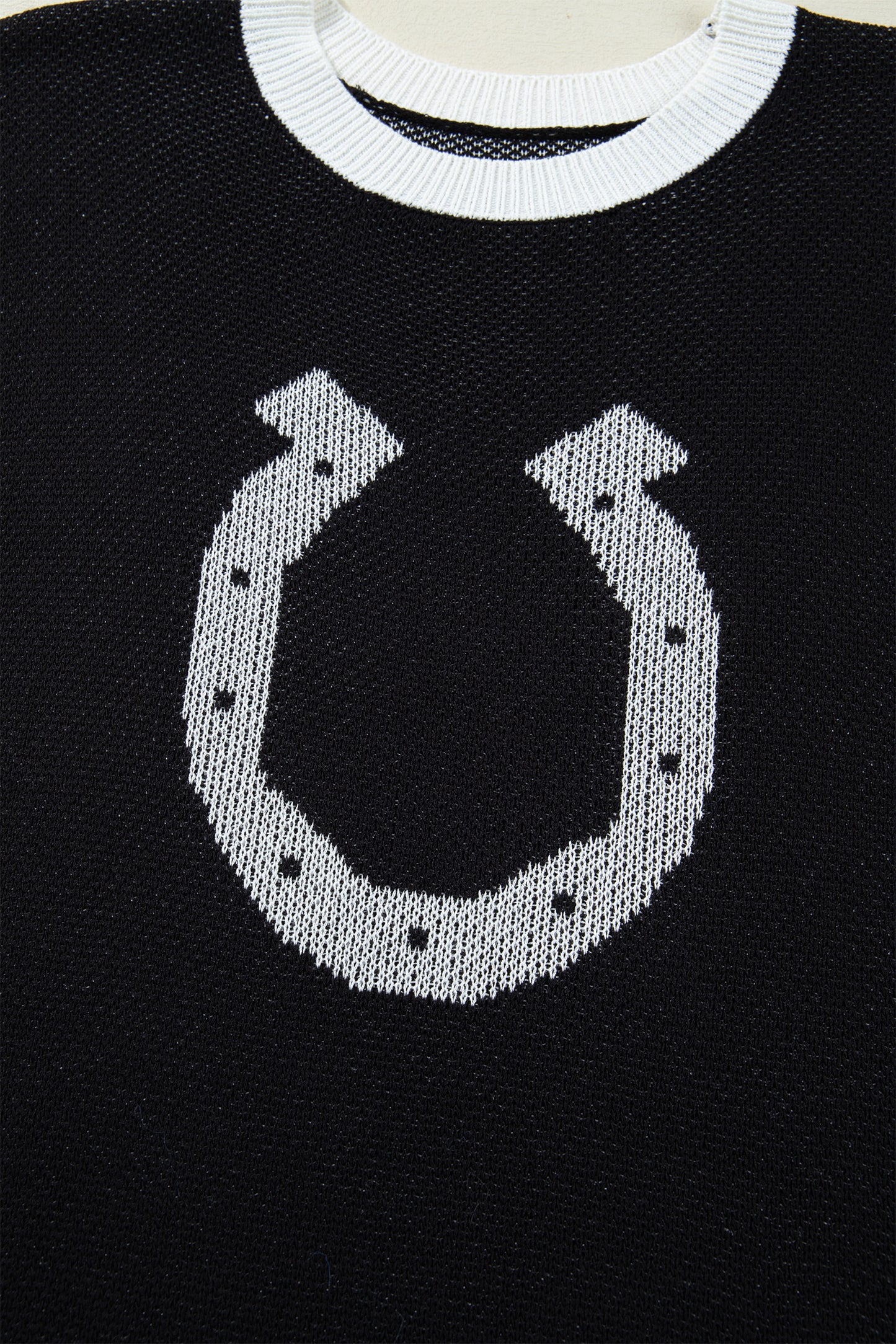 Black Horse Shoe Pattern Contrast Trim Short Sleeve Sweater-Sweaters & Cardigans/Short Sleeve Sweaters-[Adult]-[Female]-2022 Online Blue Zone Planet