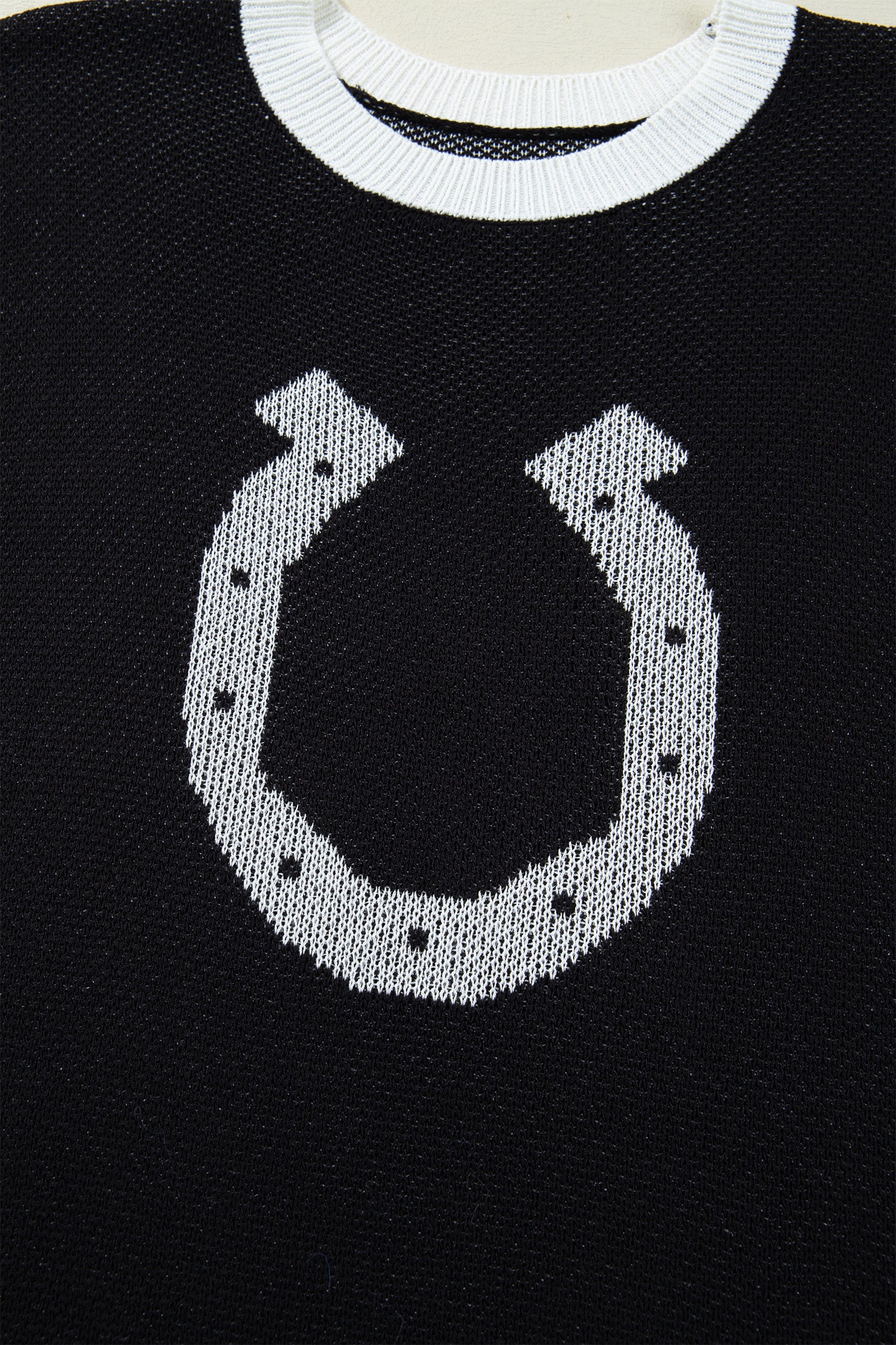 Black Horse Shoe Pattern Contrast Trim Short Sleeve Sweater-Sweaters & Cardigans/Short Sleeve Sweaters-[Adult]-[Female]-2022 Online Blue Zone Planet