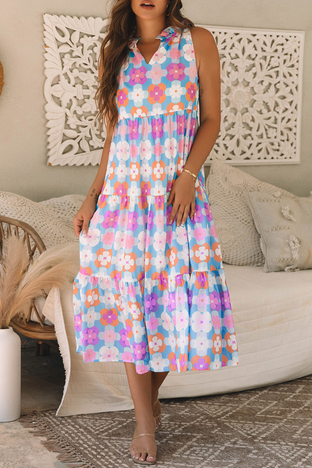 Sky Blue Floral Print Frilly Neck Sleeveless Tiered Maxi Dress-TOPS / DRESSES-[Adult]-[Female]-2022 Online Blue Zone Planet
