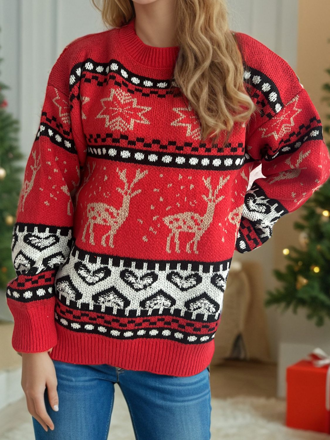 Blue Zone Planet | Christmas Element Round Neck Long Sleeve Sweater-TOPS / DRESSES-[Adult]-[Female]-Deep Red-One Size-2022 Online Blue Zone Planet