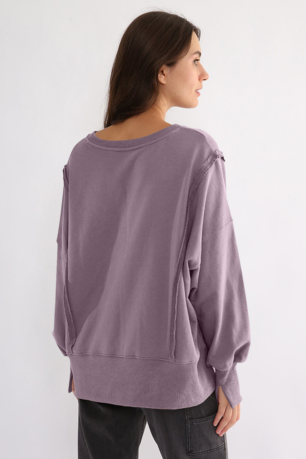 Exposed Seam High-Low Long Sleeve Sweatshirt-TOPS / DRESSES-[Adult]-[Female]-2022 Online Blue Zone Planet