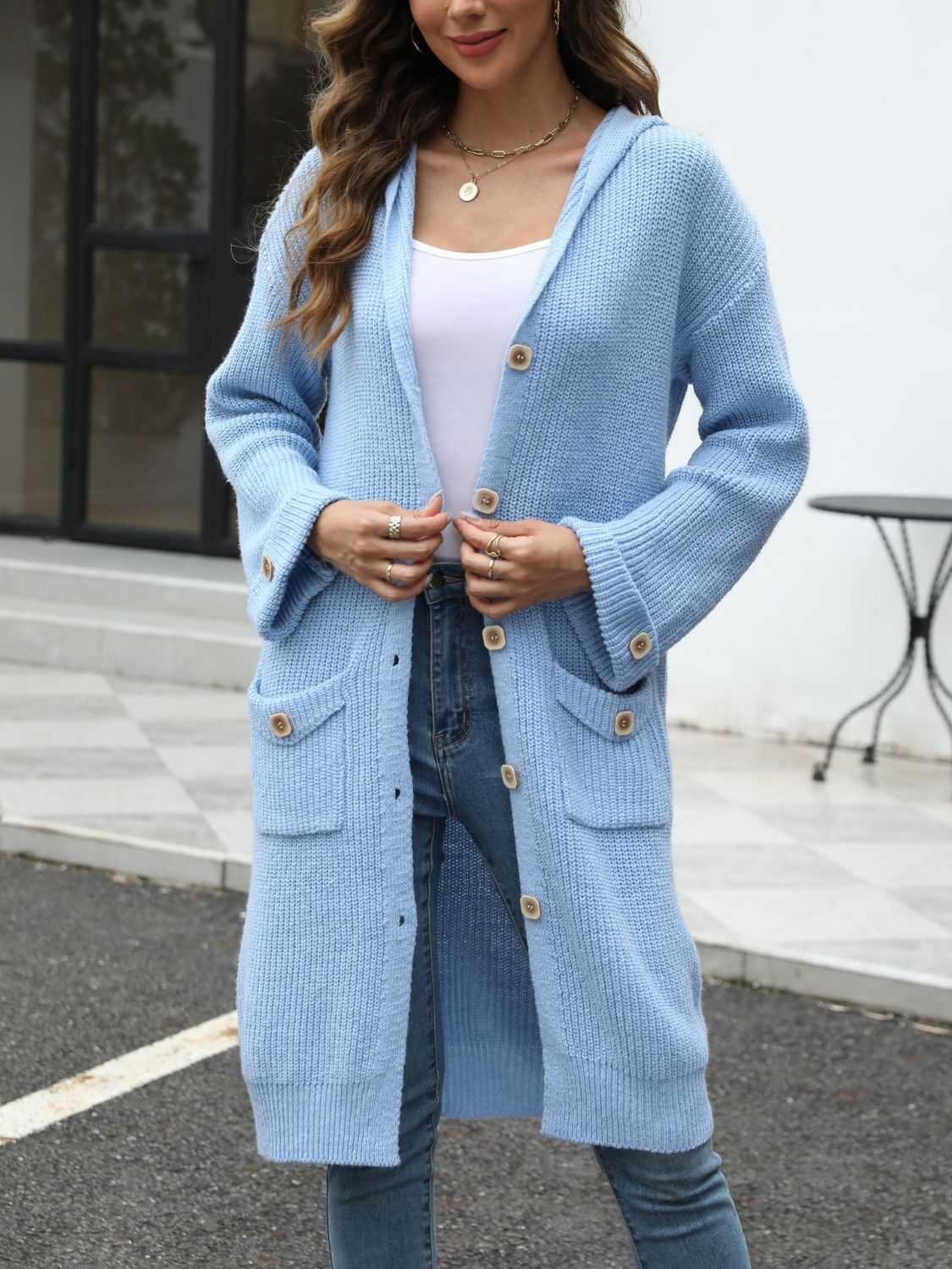 Pocketed Button Up Long Sleeve Hooded Cardigan-TOPS / DRESSES-[Adult]-[Female]-2022 Online Blue Zone Planet