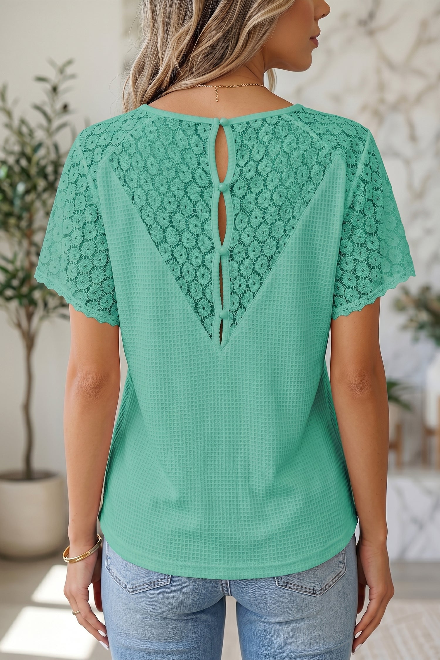 Pink Lace Splicing Button Cutout V Neck Waffle Knit Blouse-Tops/Blouses & Shirts-[Adult]-[Female]-2022 Online Blue Zone Planet