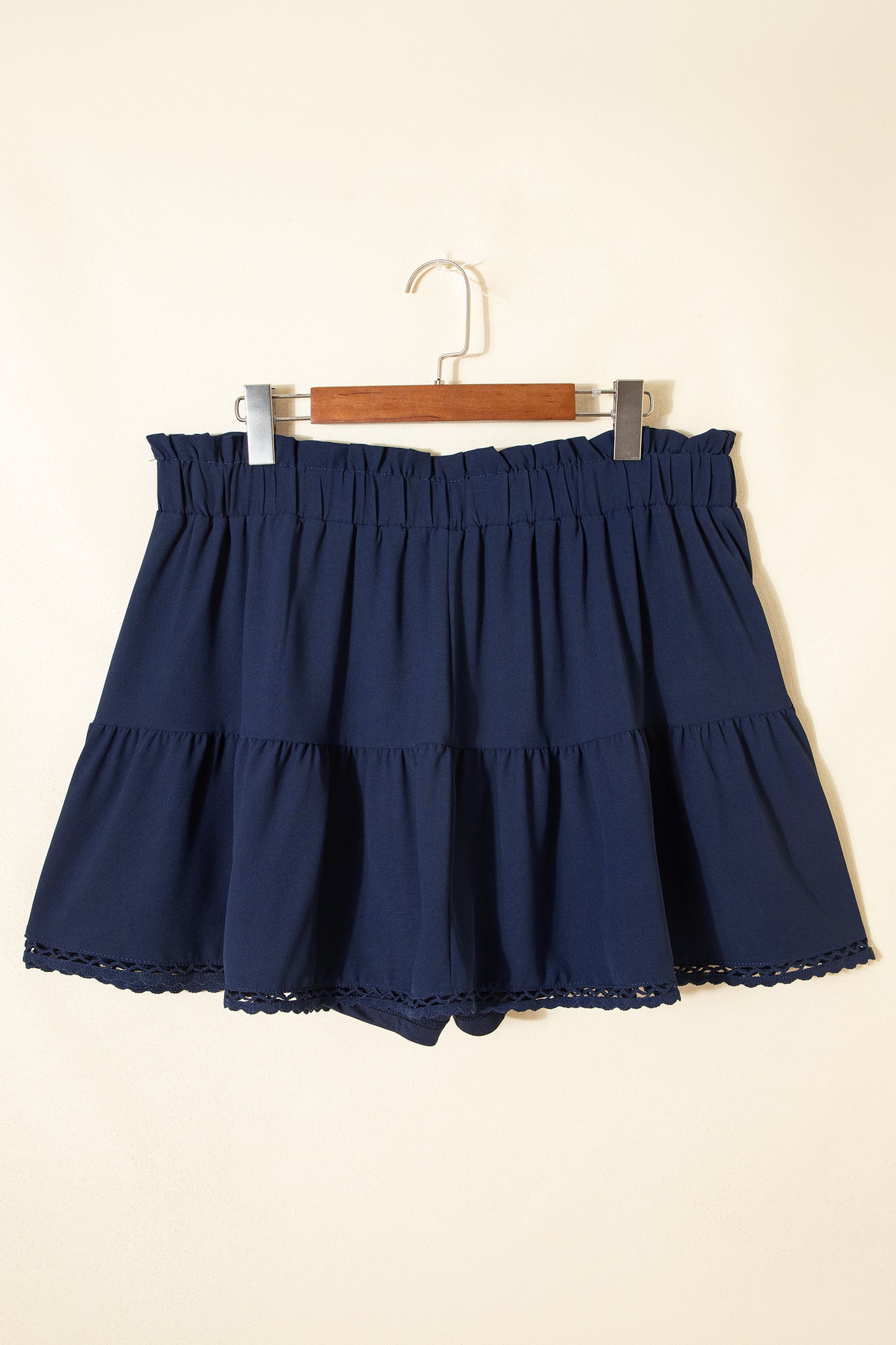 Navy Blue Plus Size Frilled Elastic Waist Lace Trim Boho Ruffled Shorts-Plus Size/Plus Size Bottoms-[Adult]-[Female]-2022 Online Blue Zone Planet