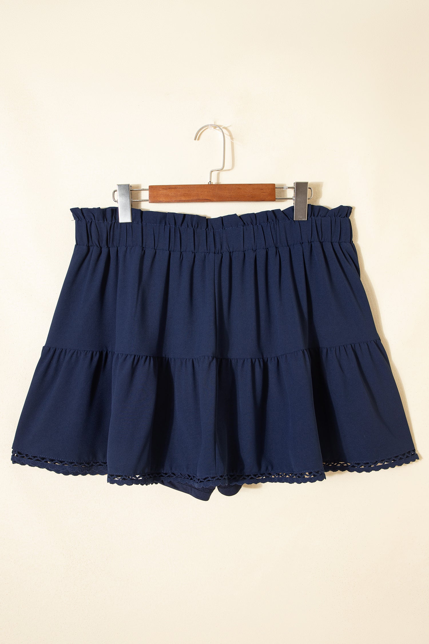 Navy Blue Plus Size Frilled Elastic Waist Lace Trim Boho Ruffled Shorts-Plus Size/Plus Size Bottoms-[Adult]-[Female]-2022 Online Blue Zone Planet