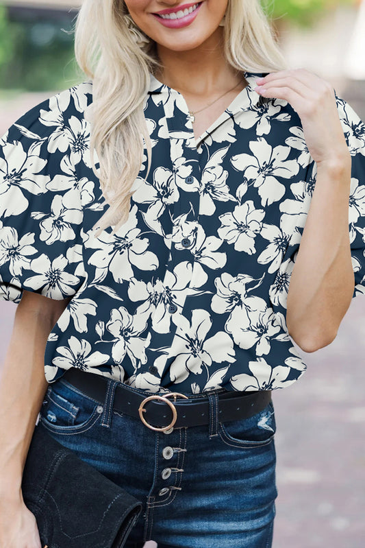 Blue Floral Short Puff Sleeve Summer Shirt-Tops/Blouses & Shirts-[Adult]-[Female]-Blue-S-2022 Online Blue Zone Planet
