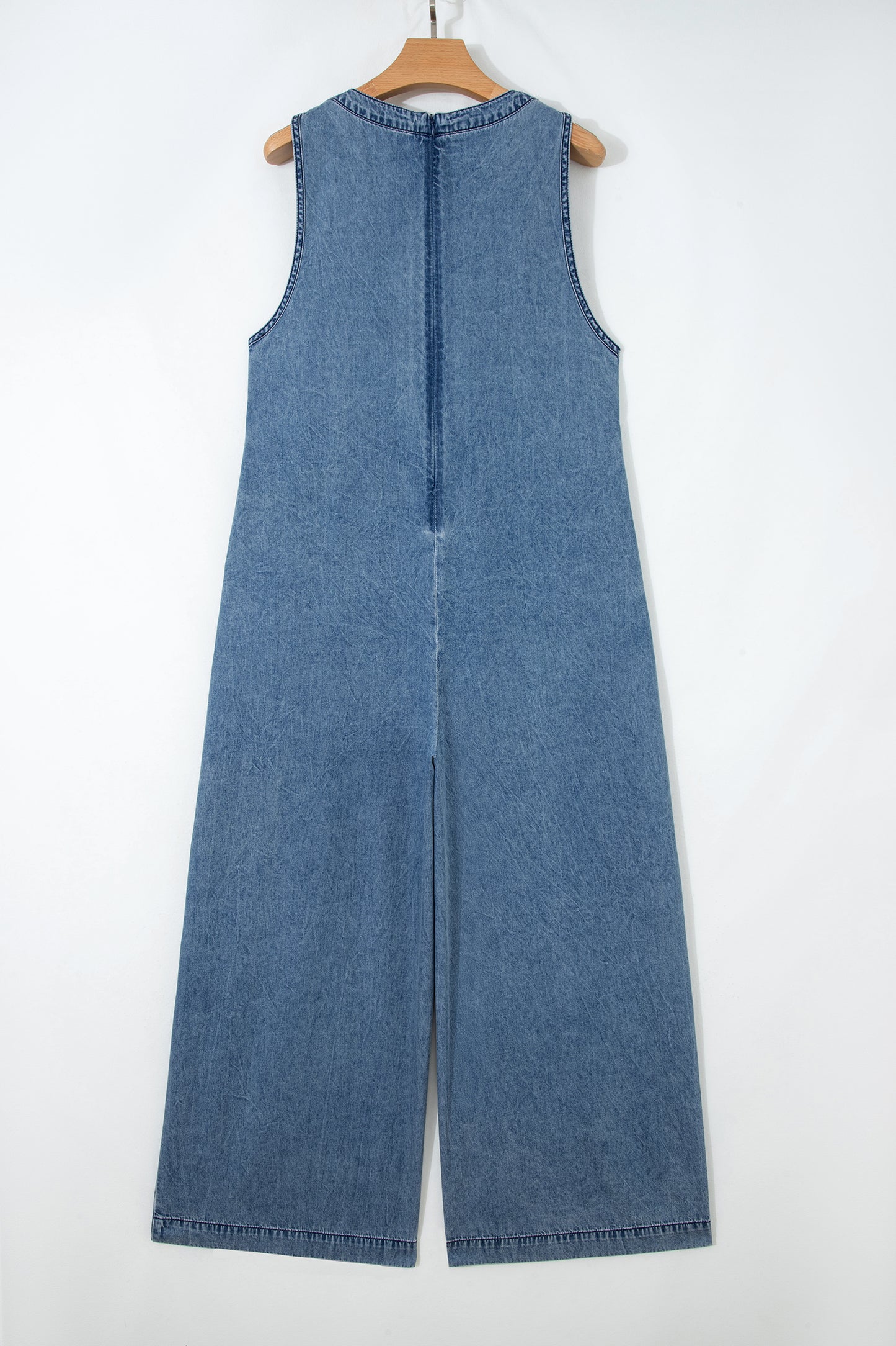 Dusk Blue Acid Wash Pintuck Tie V Neck Denim Wide Leg Jumpsuit-Bottoms/Jumpsuits & Rompers-[Adult]-[Female]-2022 Online Blue Zone Planet