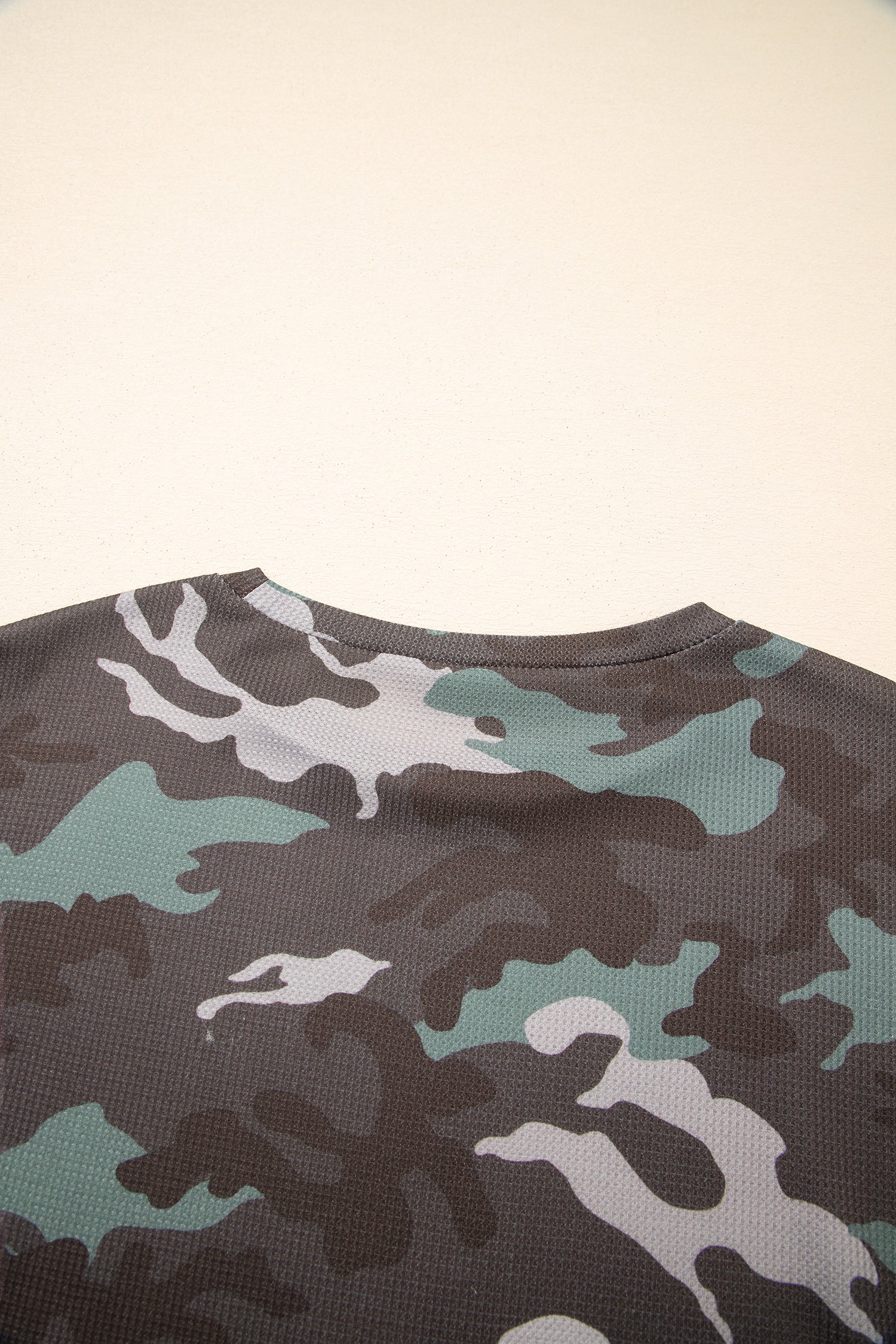 Green Camouflage Print Textured Drop Shoulder Long Sleeve Top-Tops/Long Sleeve Tops-[Adult]-[Female]-2022 Online Blue Zone Planet