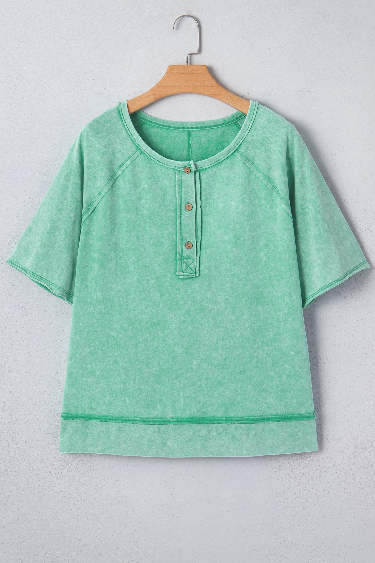 Mint Green Half Buttons Raw Seam Raglan Sleeve Mineral Wash T Shirt-Tops/Tops & Tees-[Adult]-[Female]-2022 Online Blue Zone Planet