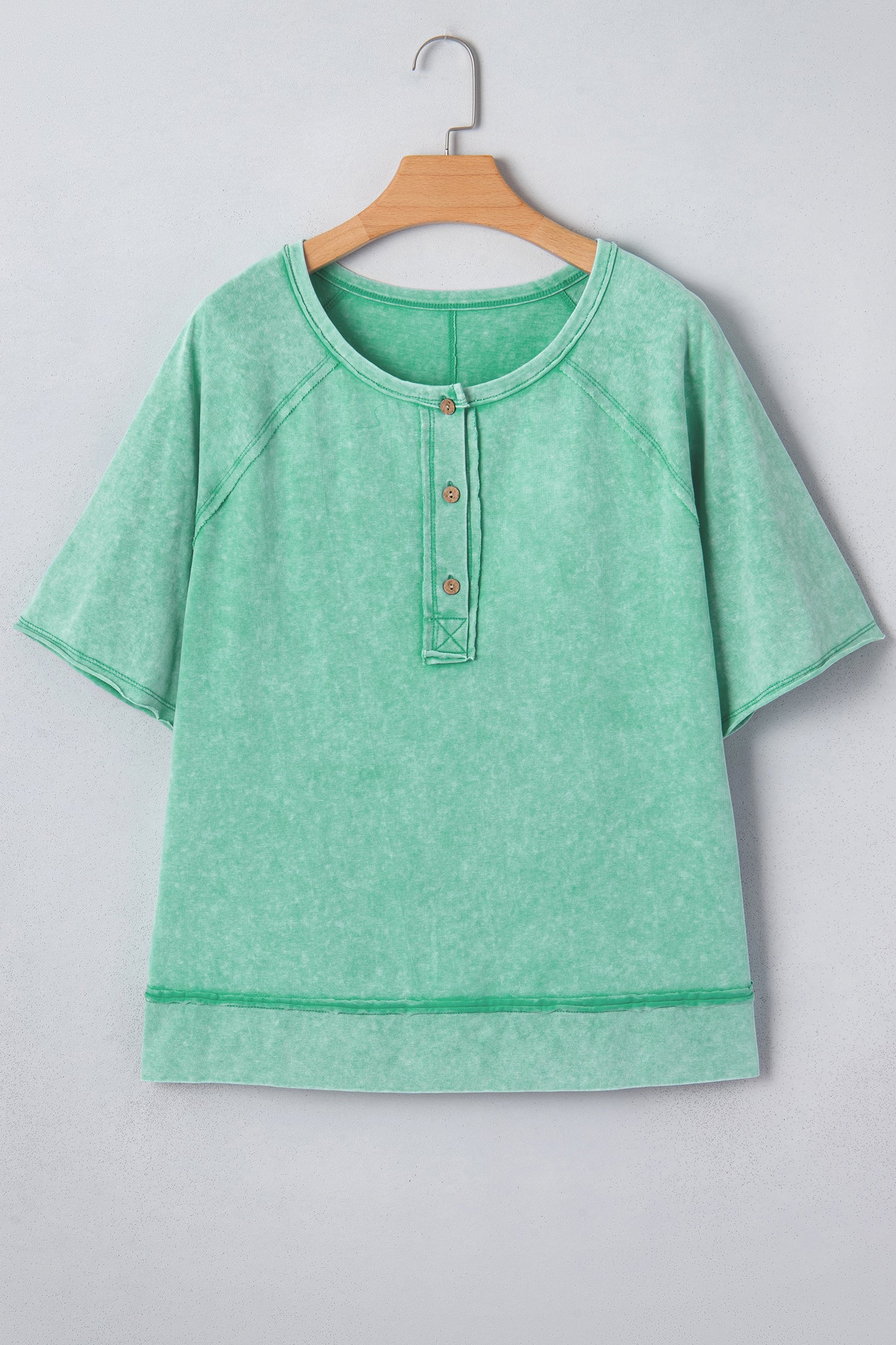 Mint Green Half Buttons Raw Seam Raglan Sleeve Mineral Wash T Shirt-Tops/Tops & Tees-[Adult]-[Female]-2022 Online Blue Zone Planet