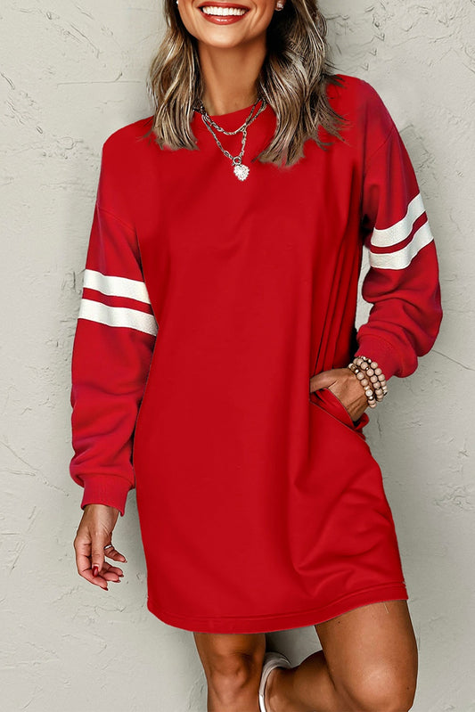Fiery Red Varsity Contrast Banded Sleeve Shift Sweatshirt Dress-TOPS / DRESSES-[Adult]-[Female]-2022 Online Blue Zone Planet