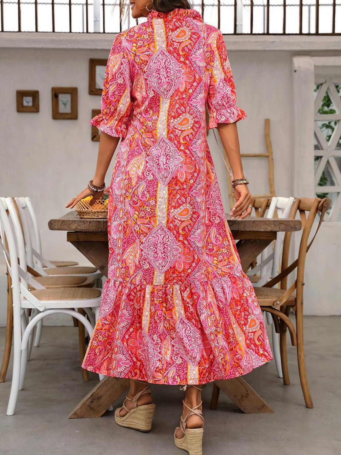 Printed Tie Neck Flounce Sleeve Midi Dress-TOPS / DRESSES-[Adult]-[Female]-2022 Online Blue Zone Planet