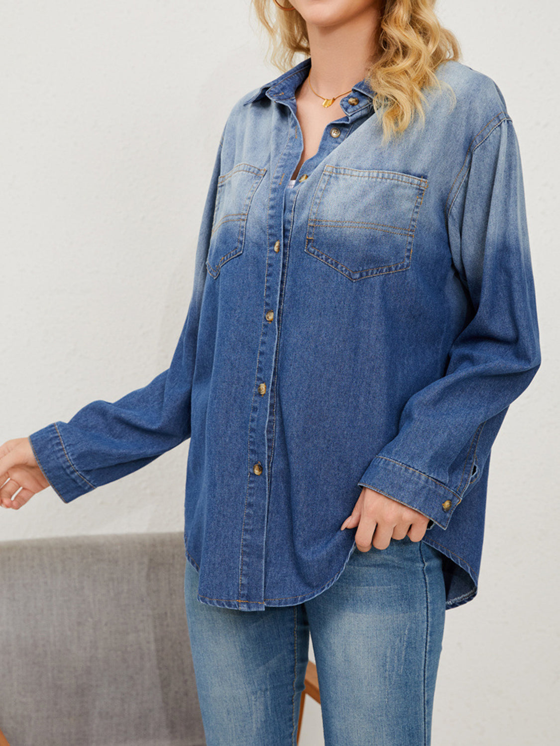 Button Up Long Sleeve Denim Jacket-TOPS / DRESSES-[Adult]-[Female]-2022 Online Blue Zone Planet