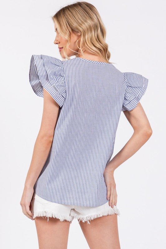 Ces Femme Striped V-Neck Ruffled Cap Sleeve Blouse-TOPS / DRESSES-[Adult]-[Female]-2022 Online Blue Zone Planet