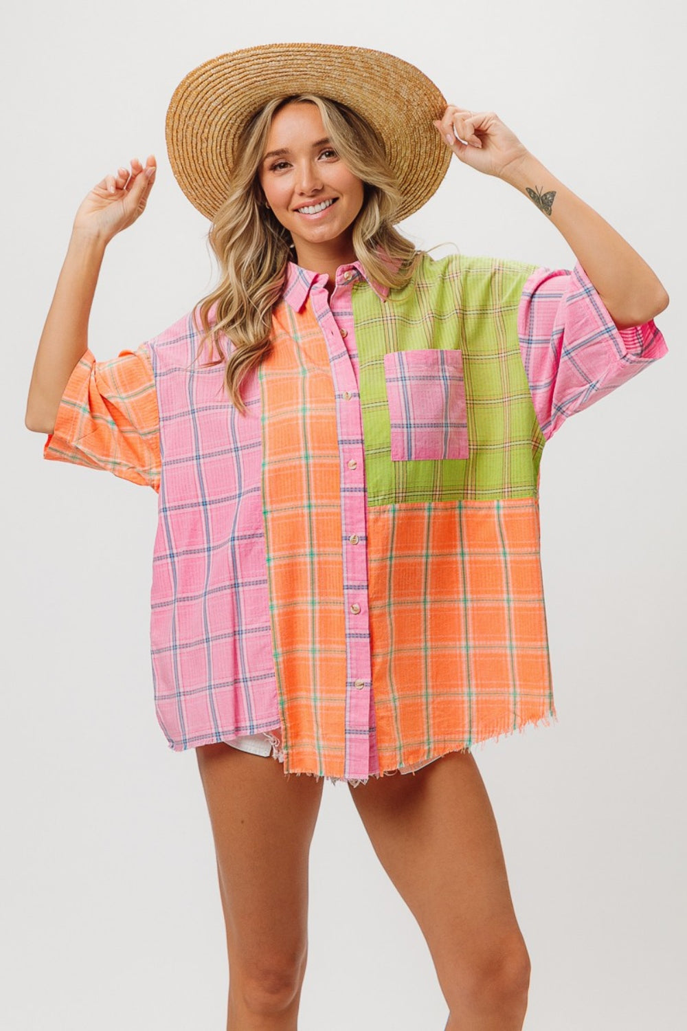 BiBi Plaid Collared Neck Half Sleeve Shirt-TOPS / DRESSES-[Adult]-[Female]-Pink/Peach/Lime-S-2022 Online Blue Zone Planet