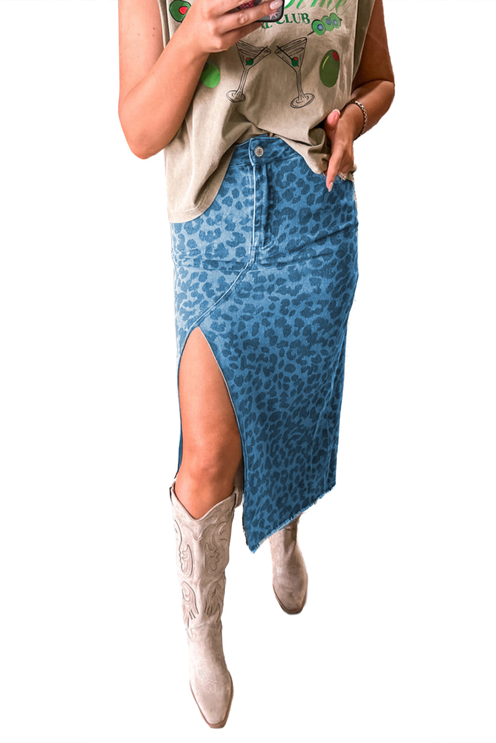 Sky Blue Leopard Denim Frayed Split Denim Midi Skirt-Bottoms/Skirts & Petticoat-[Adult]-[Female]-2022 Online Blue Zone Planet