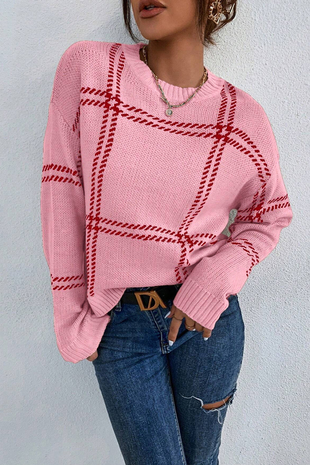 Pink Plaid Pattern Knitted Drop Shoulder Sweater-Sweaters & Cardigans/Sweaters-[Adult]-[Female]-2022 Online Blue Zone Planet