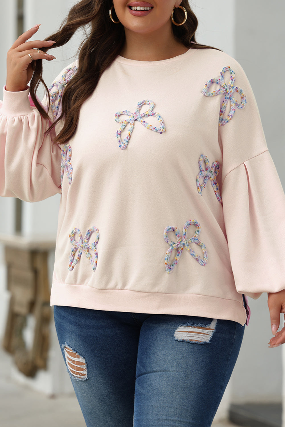 Blue Zone Planet | Light Pink Embroidered Bow Lantern Sleeve Oversized Pullover Sweatshirt-Tops/Sweatshirts & Hoodies-[Adult]-[Female]-2022 Online Blue Zone Planet