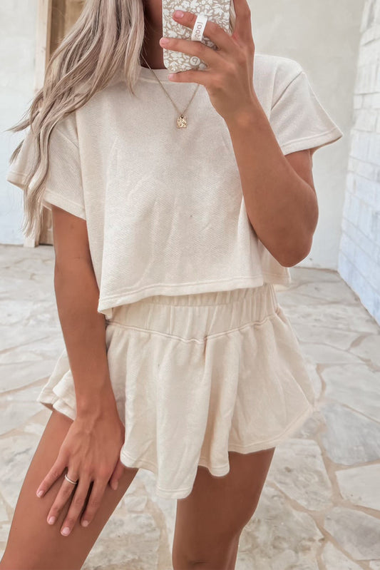 Beige 2pcs Cropped Tee and Ruffle High Waist Skort Set-Two Piece Sets/Short Sets-[Adult]-[Female]-Beige-S-2022 Online Blue Zone Planet
