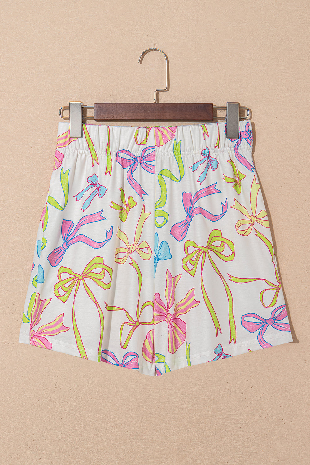 White Cheerful Bow Print Elastic Pull On Casual Shorts-Bottoms/Casual Shorts-[Adult]-[Female]-2022 Online Blue Zone Planet