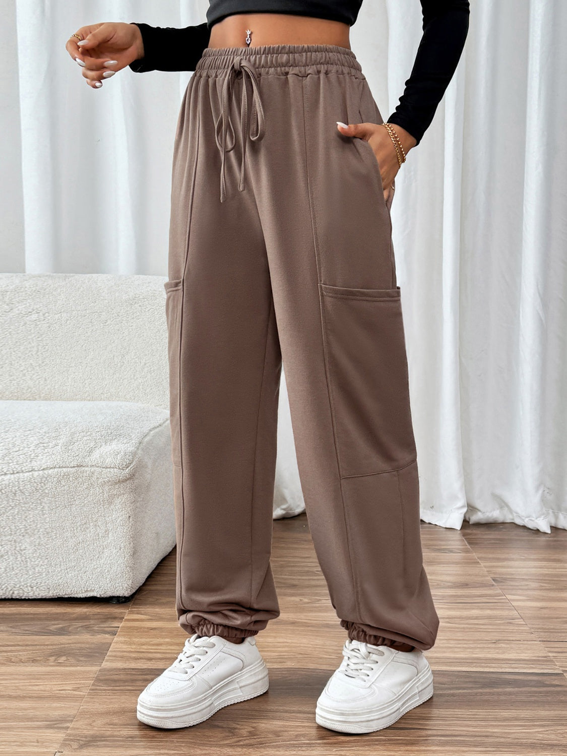 Tied Joggers with Pockets-BOTTOMS SIZES SMALL MEDIUM LARGE-[Adult]-[Female]-2022 Online Blue Zone Planet