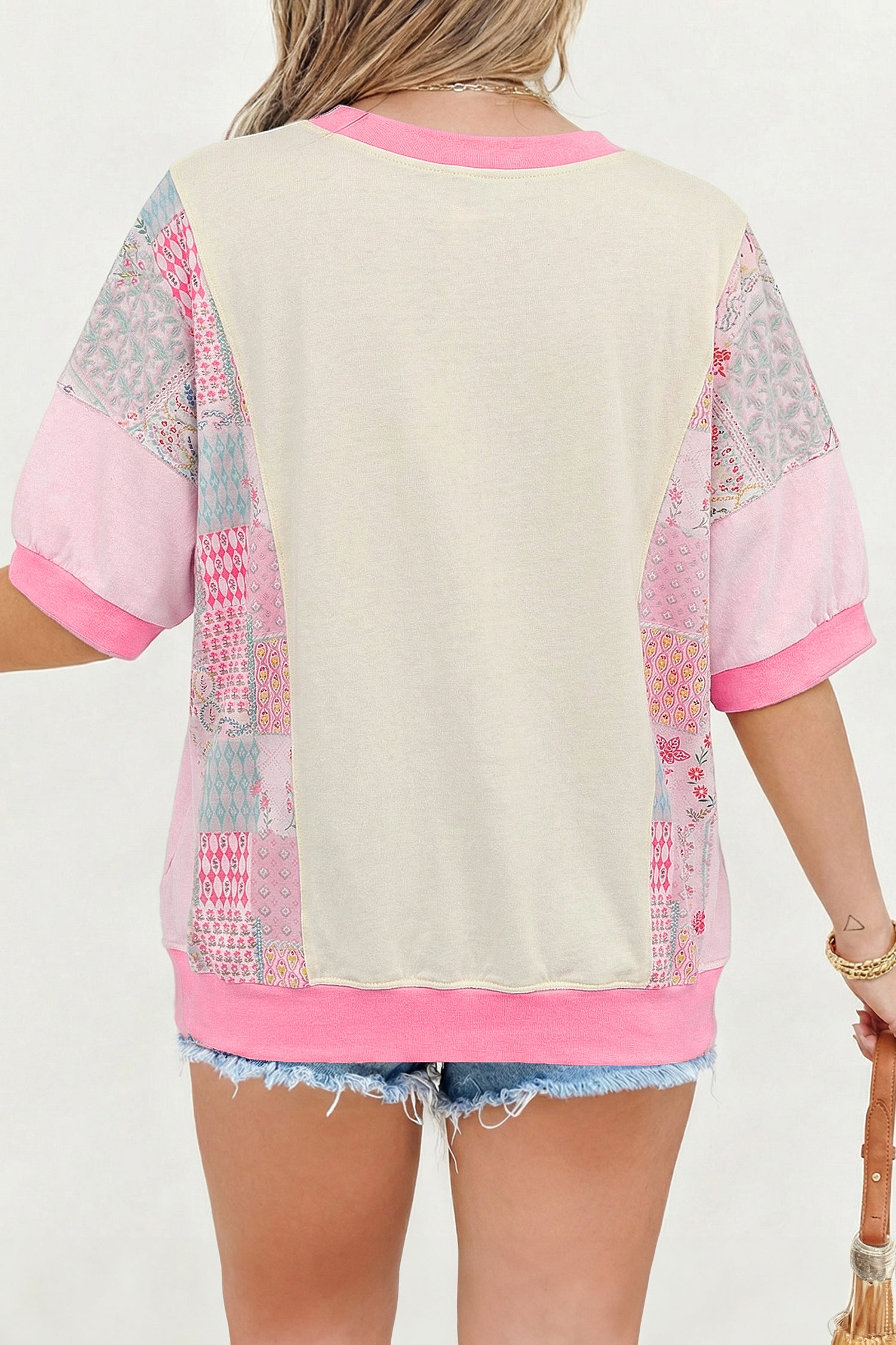 Beige Plus Size Floral Patchwork Short Sleeve Patch Embroidery Cotton T Shirt-Plus Size/Plus Size Tops/Plus Size Tops & Tees-[Adult]-[Female]-2022 Online Blue Zone Planet