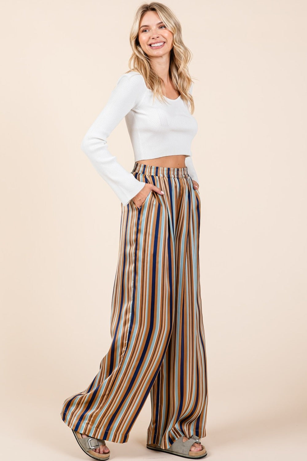 Mittoshop Striped Satin Elastic Waist Wide Leg Pants-[Adult]-[Female]-2022 Online Blue Zone Planet