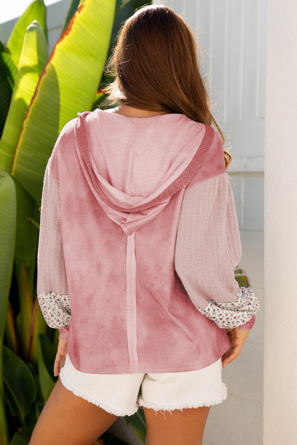 Pink Floral Patched Waffle Textured Colorblock V Neck Casual Hooded Top-Tops / Dresses-[Adult]-[Female]-2022 Online Blue Zone Planet