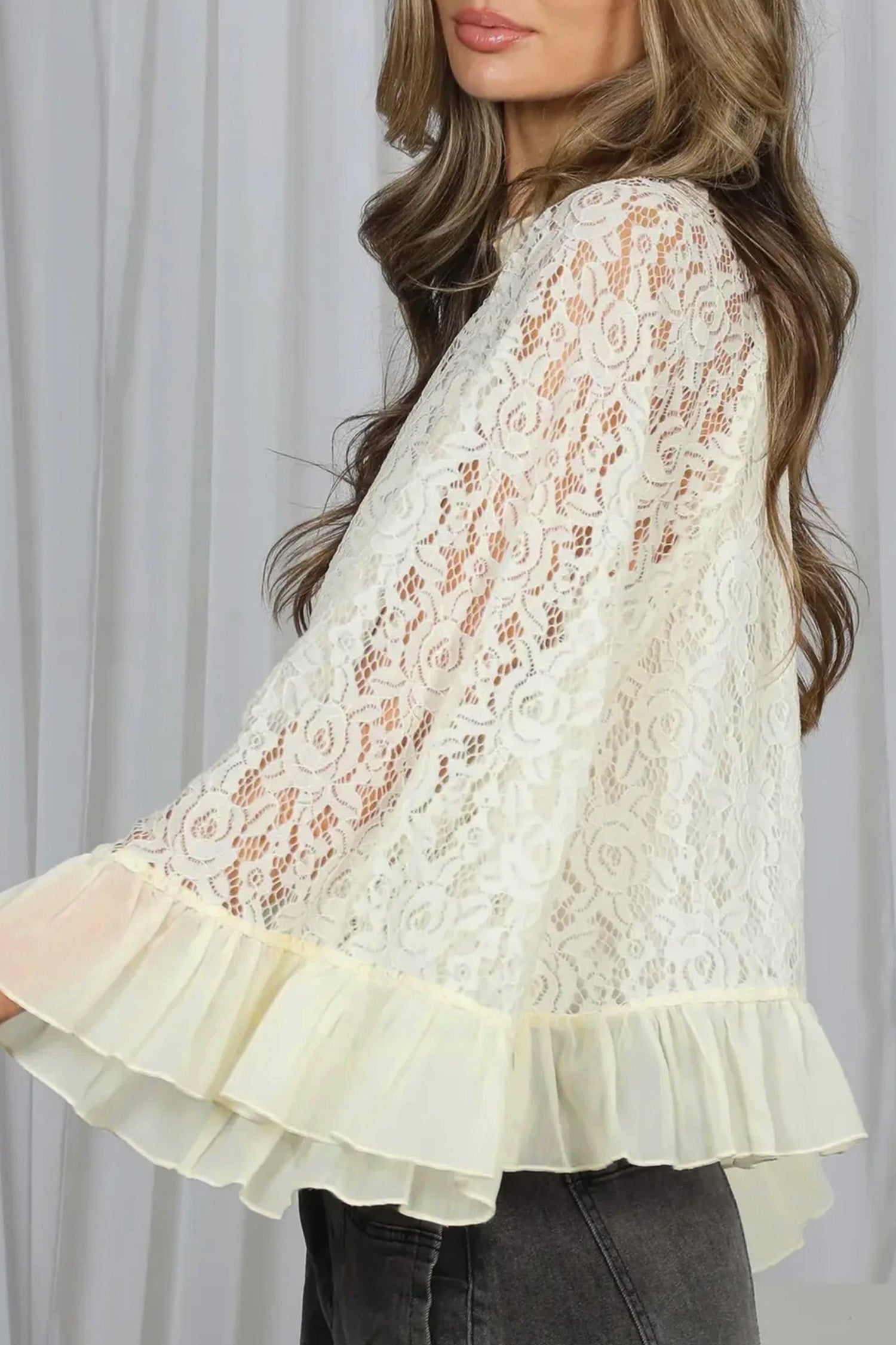 White Sheer Lace Long Sleeve Ruffle Trim Loose Blouse-Tops/Blouses & Shirts-[Adult]-[Female]-2022 Online Blue Zone Planet