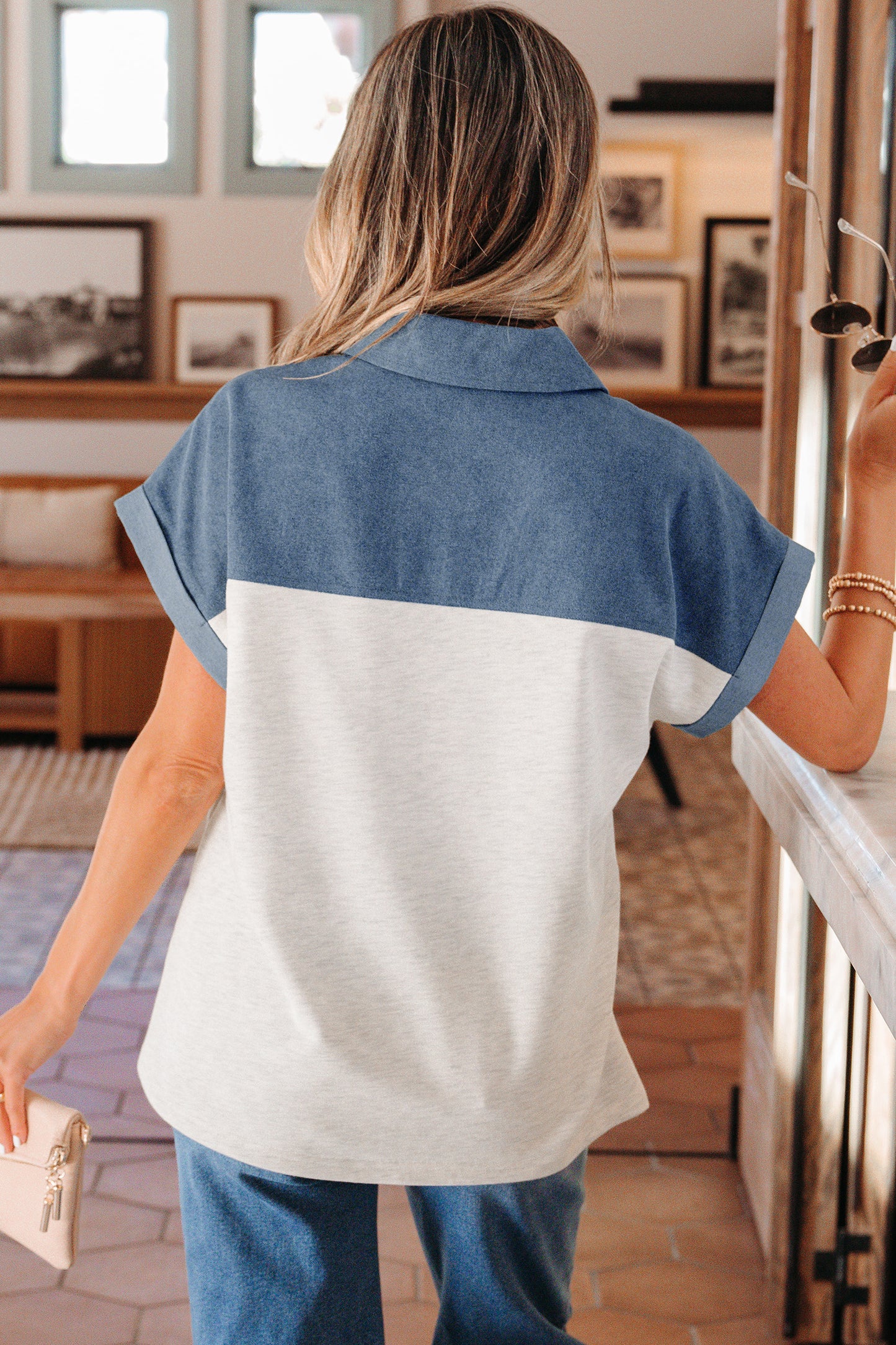 Light Grey Color Block Denim Patchwork Button Polo Collar Short Sleeve Top-Tops/Blouses & Shirts-[Adult]-[Female]-2022 Online Blue Zone Planet