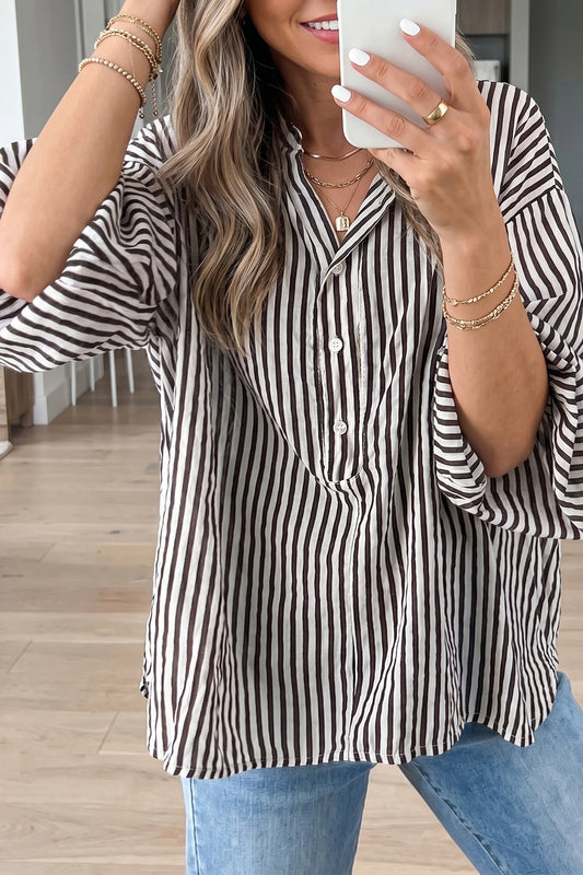 Black Striped Half Sleeve Button-Up Shirt-Tops/Blouses & Shirts-[Adult]-[Female]-Black Stripe-S-2022 Online Blue Zone Planet