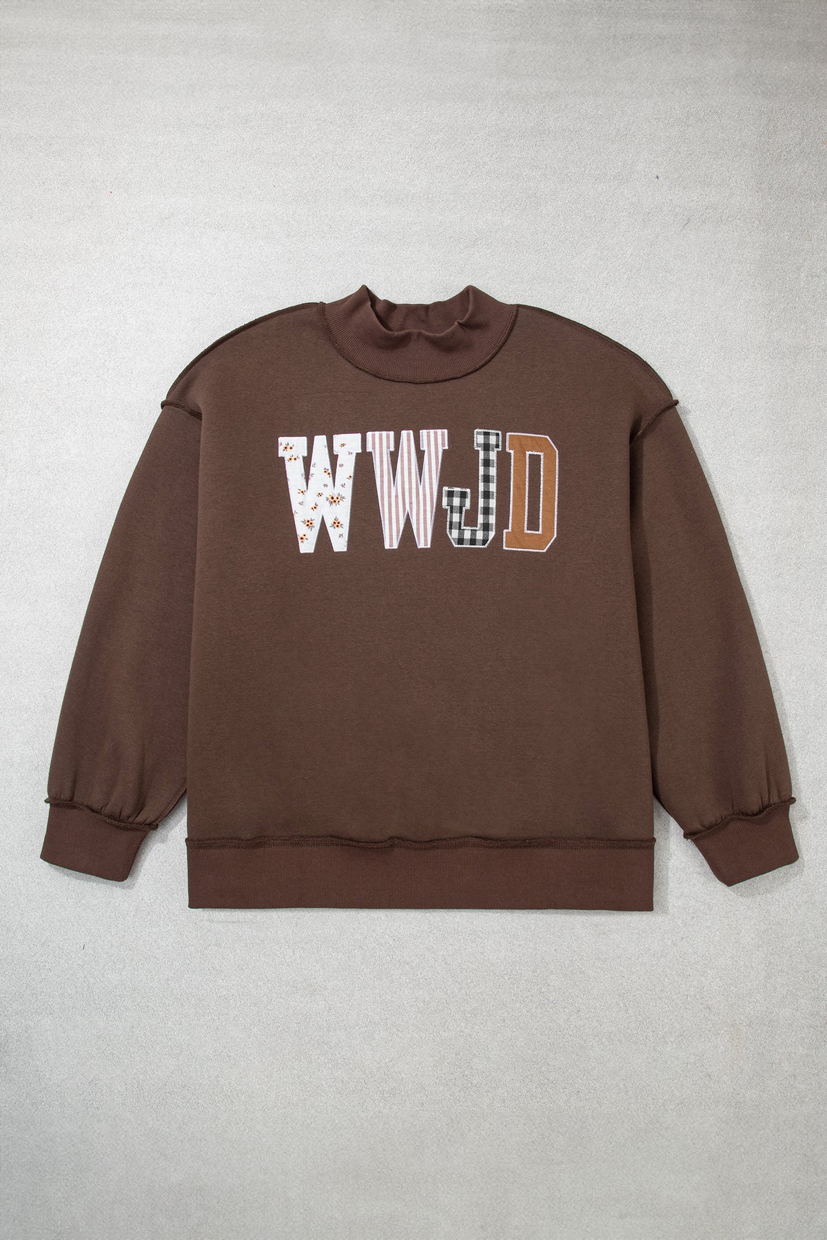 Coffee WWJD Mix Pattern Letter Graphic Exposed Seam Loose Plus Size Sweatshirt-Plus Size/Plus Size Sweatshirts & Hoodies-[Adult]-[Female]-2022 Online Blue Zone Planet