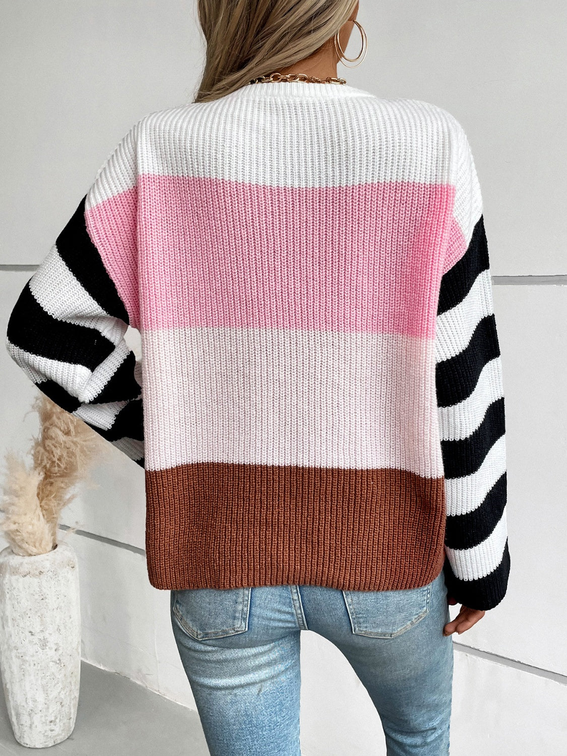 Color Block Round Neck Long Sleeve Sweater-TOPS / DRESSES-[Adult]-[Female]-2022 Online Blue Zone Planet