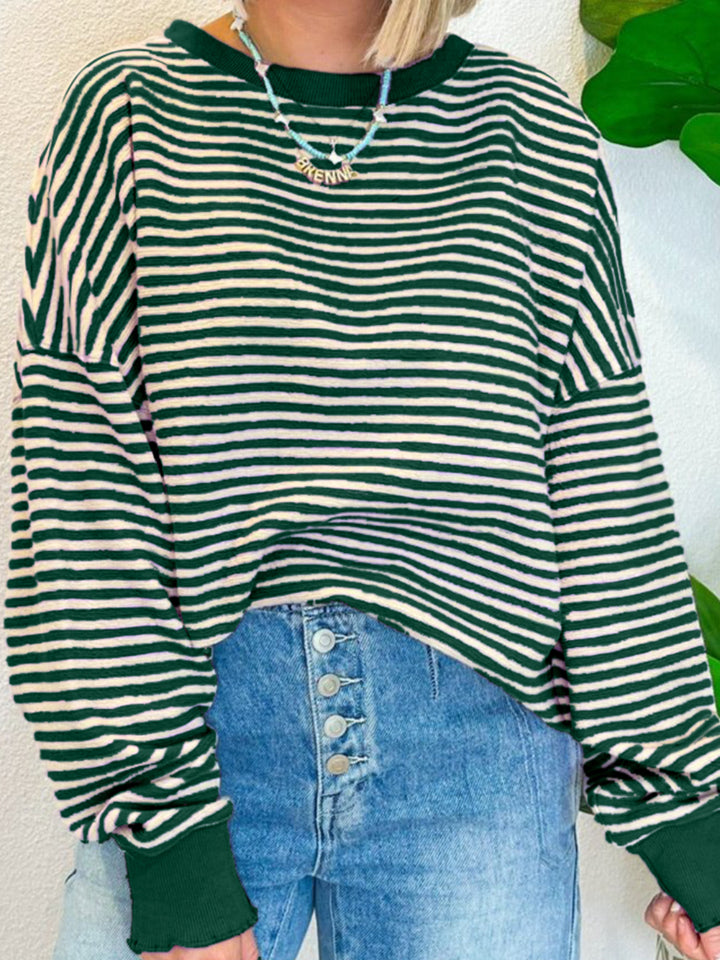 Blue Zone Planet | Striped Round Neck Long Sleeve Sweatshirt-TOPS / DRESSES-[Adult]-[Female]-Dark Green-M-2022 Online Blue Zone Planet