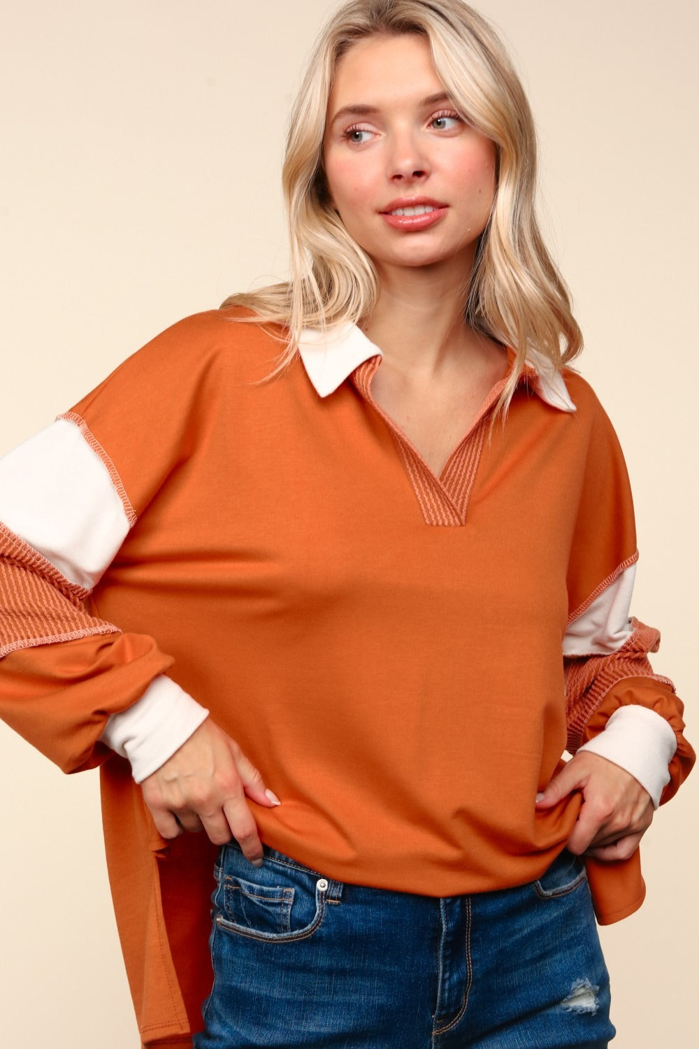 Haptics Color Block Exposed Seam Long Sleeve Top-TOPS / DRESSES-[Adult]-[Female]-2022 Online Blue Zone Planet