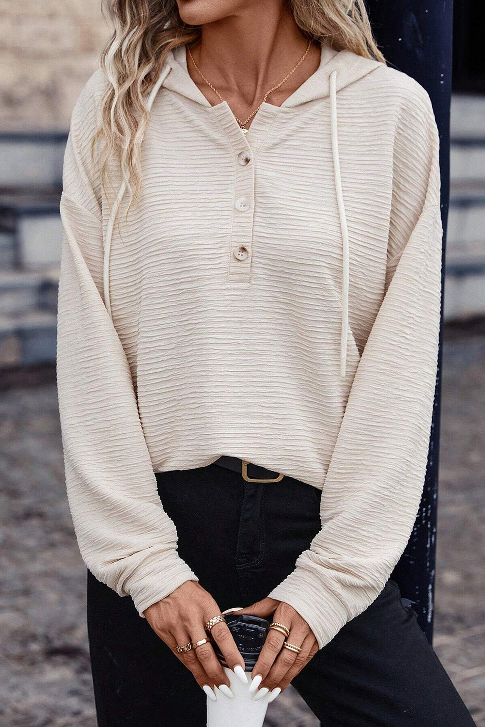 Apricot Solid Textured Drawstring Henley Hoodie-Tops/Sweatshirts & Hoodies-[Adult]-[Female]-Apricot-S-2022 Online Blue Zone Planet