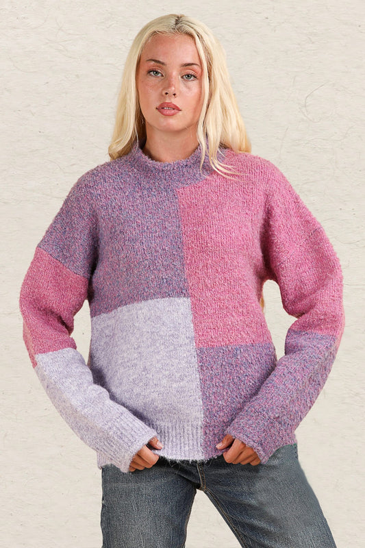 VERY J Color Block Mock Neck Drop Shoulder Sweater-TOPS / DRESSES-[Adult]-[Female]-Purple-S-2022 Online Blue Zone Planet