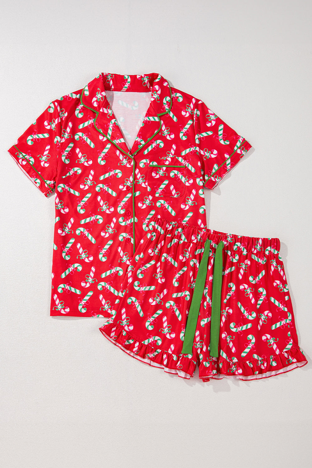 Red Christmas Candy Cane Print Pajama Set-Loungewear Set-[Adult]-[Female]-2022 Online Blue Zone Planet