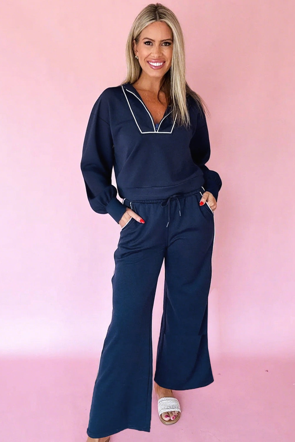 Navy Blue Contrast Piping Zipped Pullover Cropped Pants Set-Two Piece Sets/Pant Sets-[Adult]-[Female]-2022 Online Blue Zone Planet