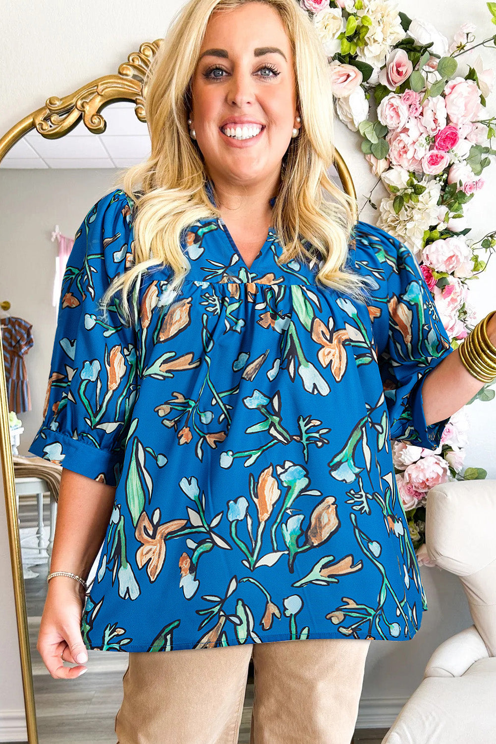 Blue Floral Notched V Neck Half Sleeve Plus Size Blouse-Plus Size/Plus Size Tops/Plus Size Blouses & Shirts-[Adult]-[Female]-2022 Online Blue Zone Planet