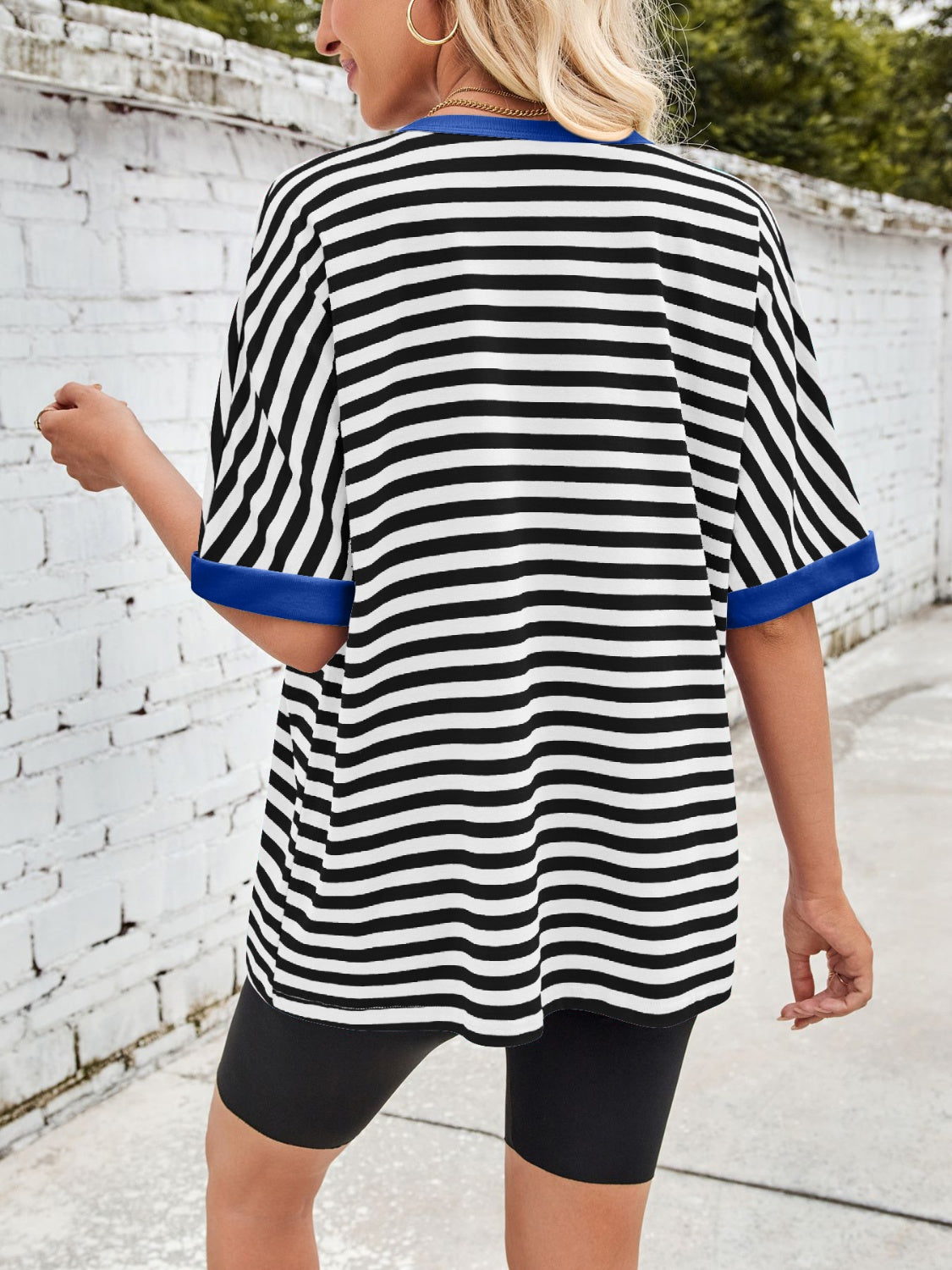 Lovelet Striped Round Neck Half Sleeve T-Shirt-TOPS / DRESSES-[Adult]-[Female]-2022 Online Blue Zone Planet