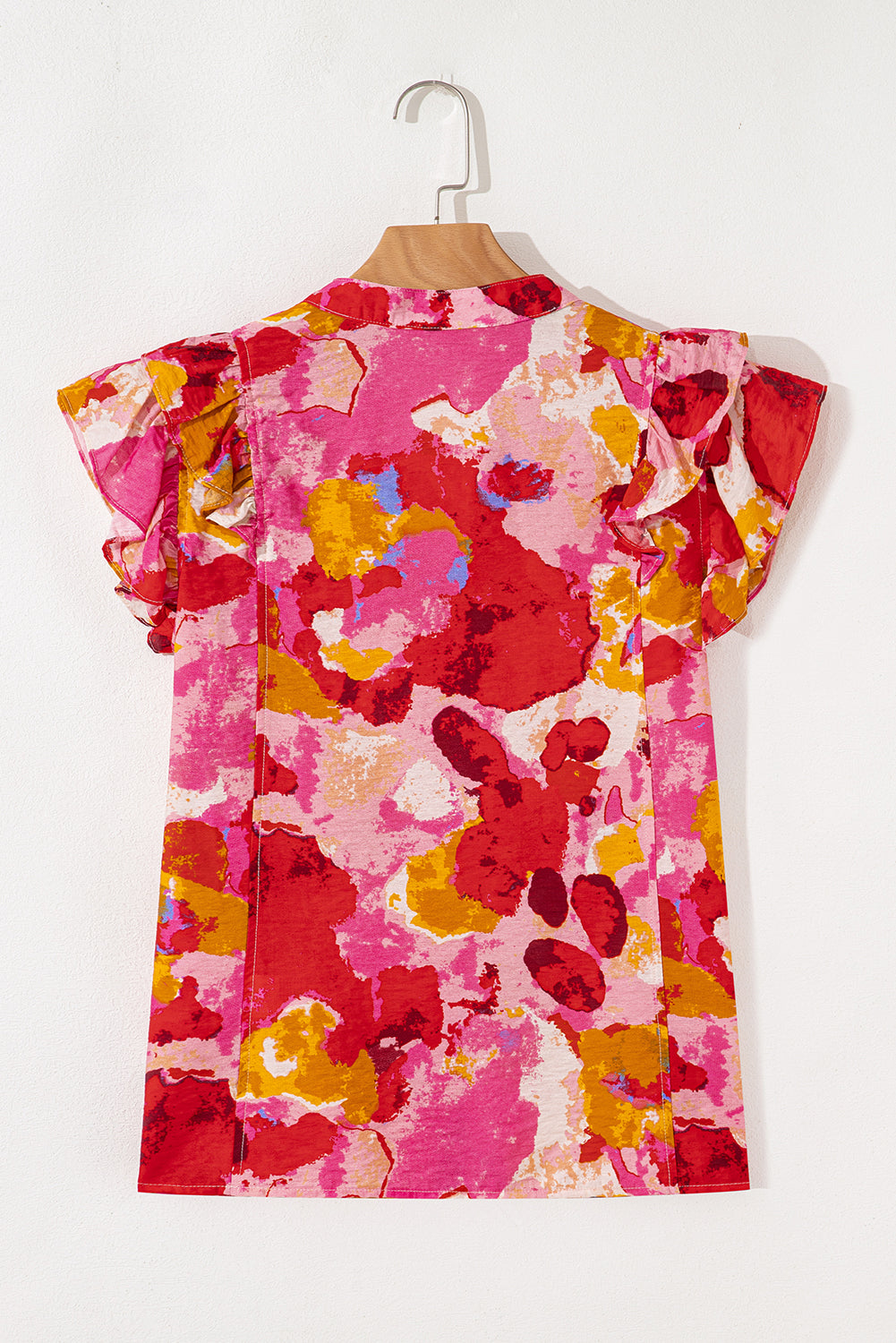 Red Abstract Print Split V Neck Ruffle Short Sleeve Blouse-Tops/Blouses & Shirts-[Adult]-[Female]-2022 Online Blue Zone Planet