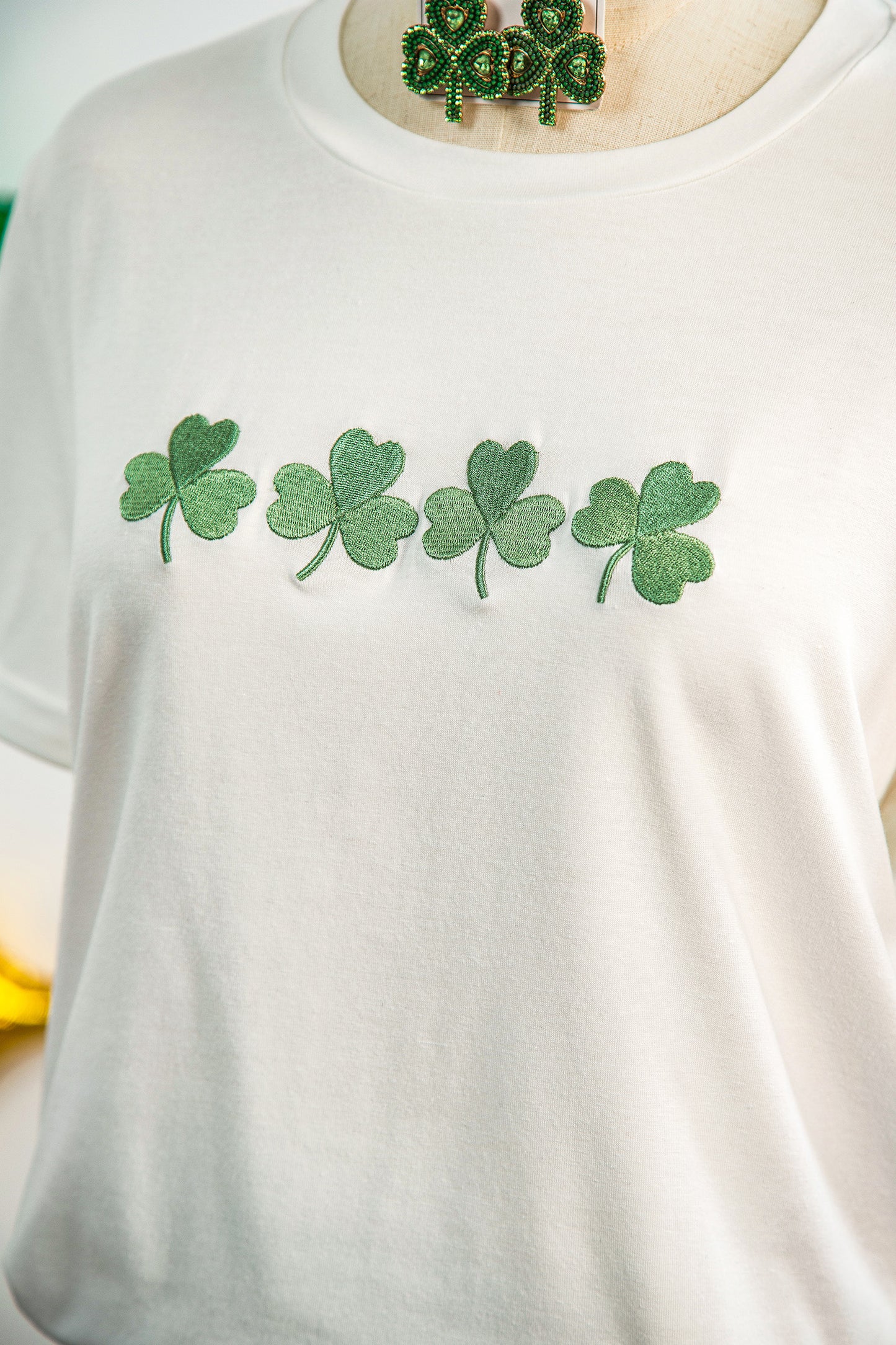 White Embroidered Clover St Patricks Fashion Graphic Tee-Graphic/Graphic Tees-[Adult]-[Female]-2022 Online Blue Zone Planet