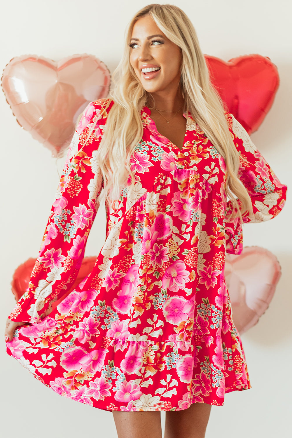 Red Floral Print High Waist V Neck Babydoll Mini Dress-Dresses/Mini Dresses-[Adult]-[Female]-2022 Online Blue Zone Planet