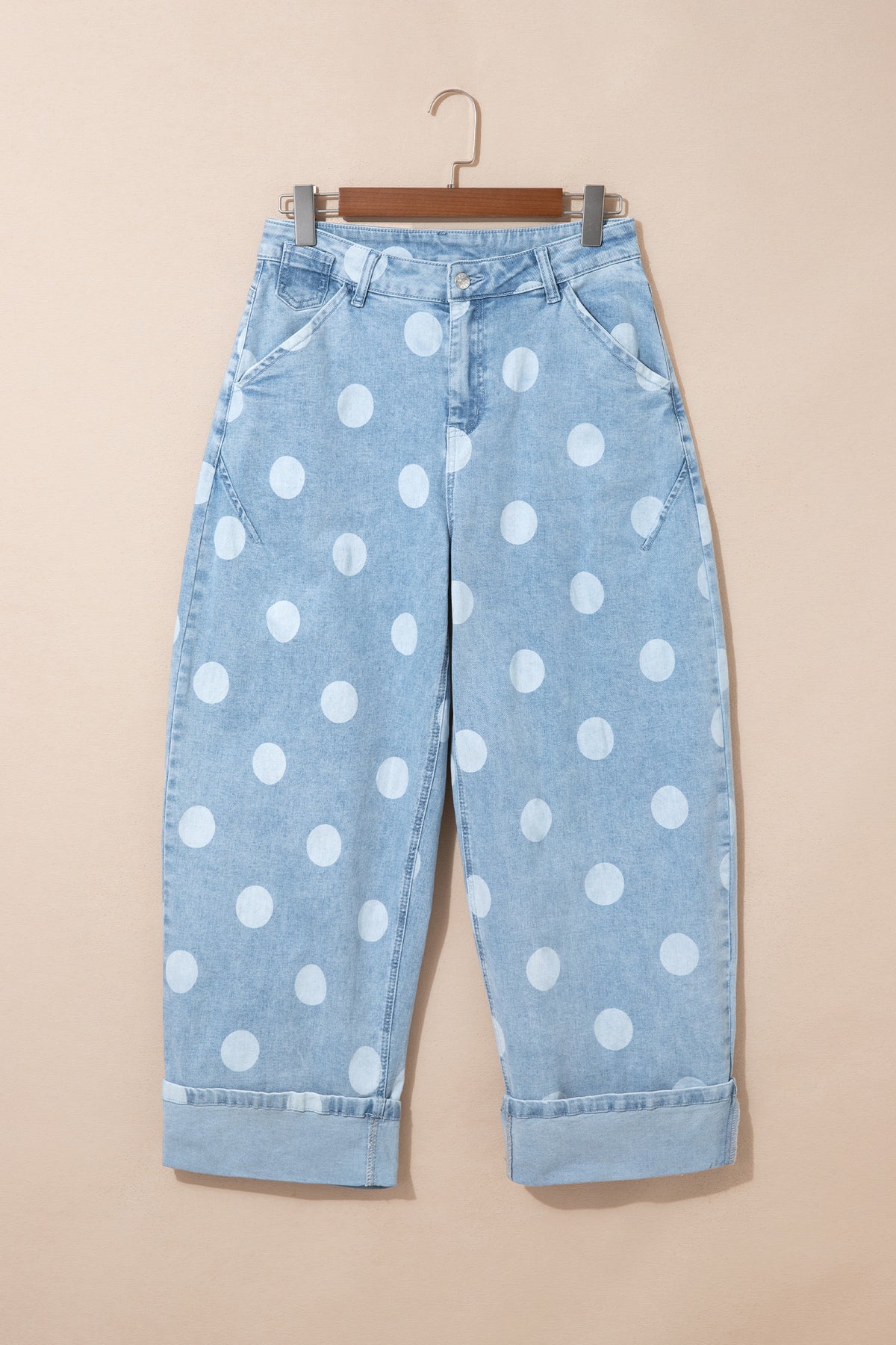 Sky Blue Polka Dot Ankle-Length Metal Button Casual Jeans-Bottoms/Jeans-[Adult]-[Female]-2022 Online Blue Zone Planet